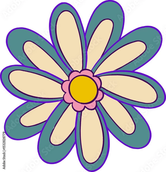 Obraz Flat vector daisy is showing cream teal petals around pink-yellow center on transparent background