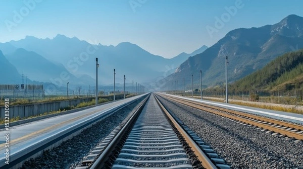 Fototapeta A shot of the high-speed train's tracks stretching into the distance, framed by scenic mountains and clear skies, symbolizing modern travel.