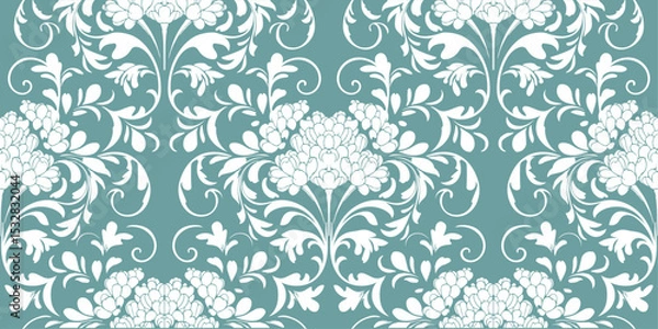 Fototapeta Elegant Teal Damask Floral Design, flower illustration texture, clothes background, seamless floral design, abstract floral pattern background, modern pattern, fabric, tiles, floor, carpet decoration 