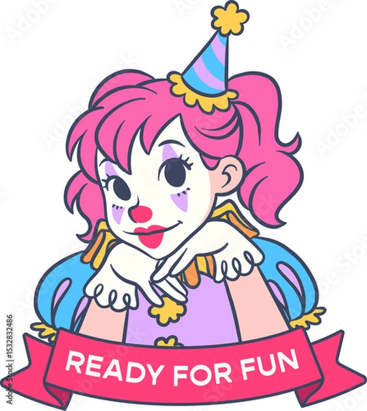 Fototapeta Flat design clown girl leaning on transparent backdrop with striped party hat and ribbon banner