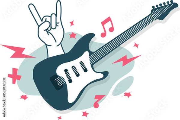 Fototapeta Flat design is showing guitar with rock gesture and musical notes on transparent background