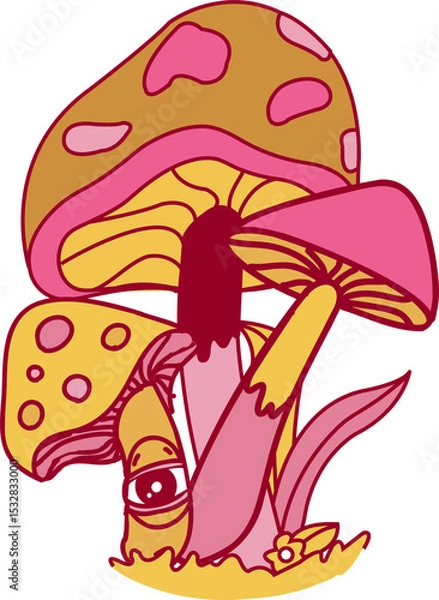 Fototapeta Flat design mushrooms are featuring dripping caps, eye motif, grass patch on transparent background