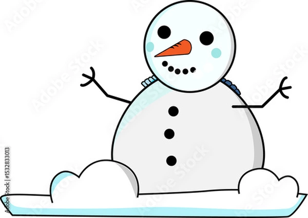 Fototapeta Snowman is sitting on snow in flat style, with carrot nose, stick arms, transparent background