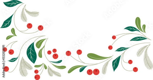 Obraz Flat botanical garland is curving on transparent frame with leaves, white  and  red berries, copy sp
