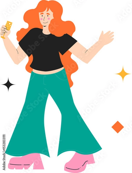 Obraz Flat design showing red-haired woman holding champagne flute and sparkles, transparent background