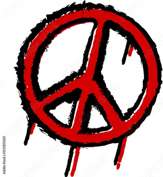 Obraz Painting rough red peace symbol with black outline, dripping paint and white dots on clear backdrop