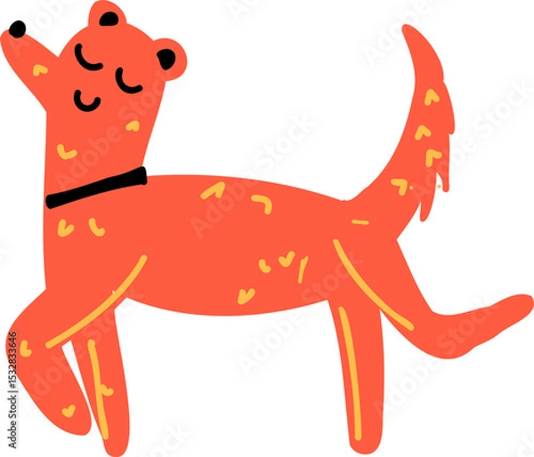 Obraz Showing flat orange canine walking, looking up, yellow hearts, black collar, transparent background