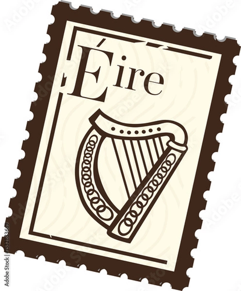 Fototapeta Stylized Celtic harp stamp is showing Éire with brown perforated border on transparent background