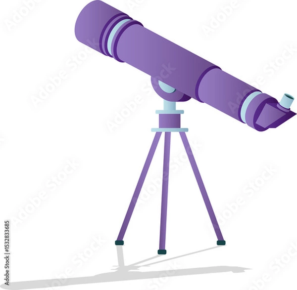 Obraz Vector purple telescope is showing tube, eyepiece, bracket, shadow on 3-leg tripod transparent bg