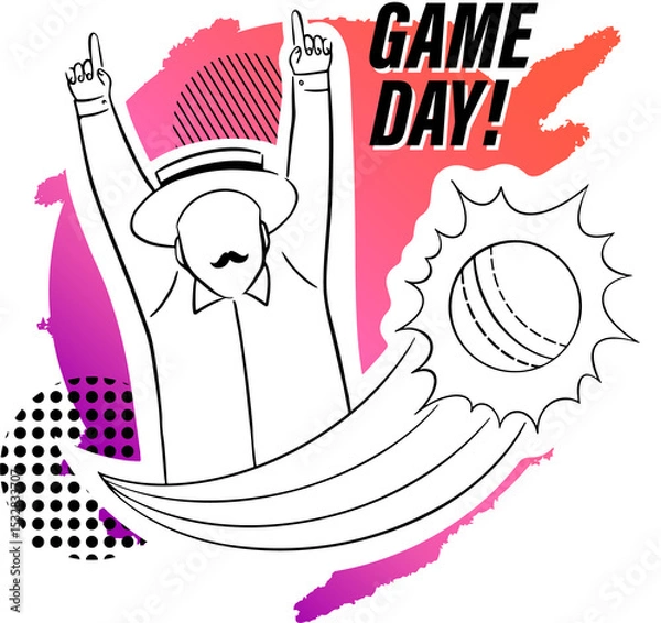 Obraz Sticker graphic is showing man cheering with cricket ball bursting starburst transparent background