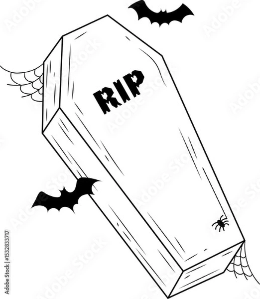 Obraz Hand-drawn coffin is tilting on transparent background and is showing RIP text, bats, webs, spider
