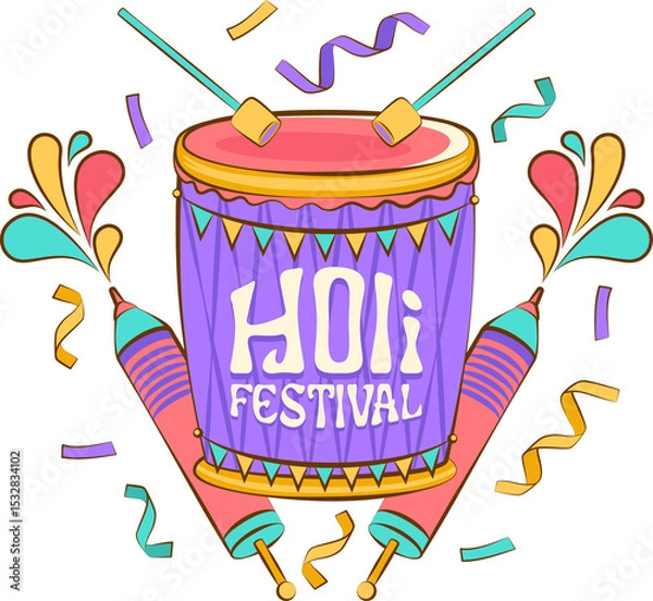 Fototapeta Flat vector art is showing Holi drum, pichkaris and confetti on transparent background, copy space