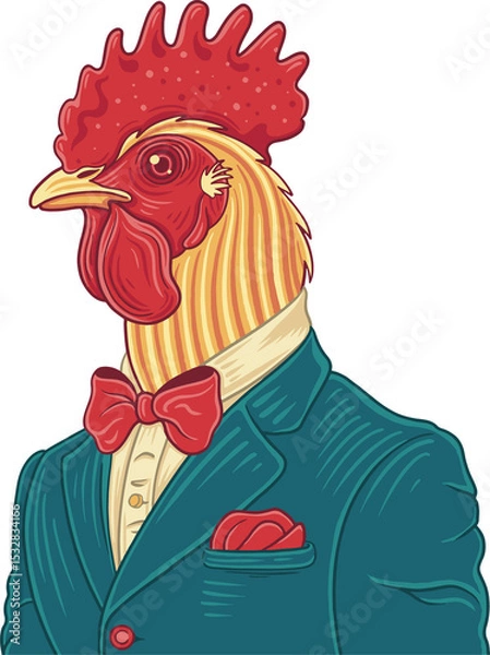 Obraz Gentleman rooster is wearing teal jacket and red bow tie in flat cartoon, transparent background