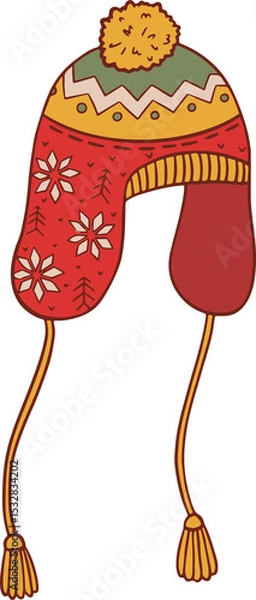 Obraz Winter earflap hat is being shown in flat style with pom-pom, tassels on transparent backdrop