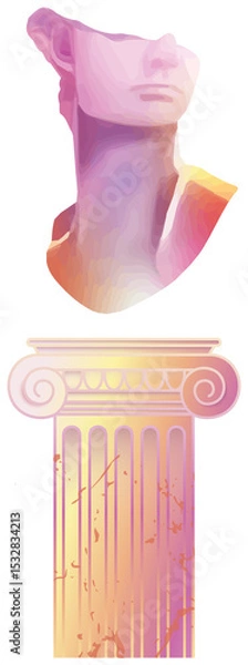 Obraz Classical bust fragment floating above Ionic column in pastel gradient graphic, transparent bg
