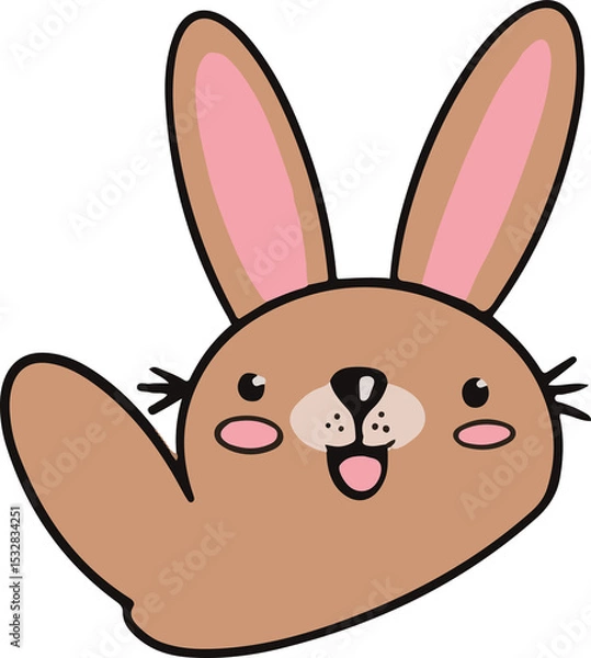 Fototapeta Smiling pink-eared bunny head is raising paw in flat design on transparent background, copy space