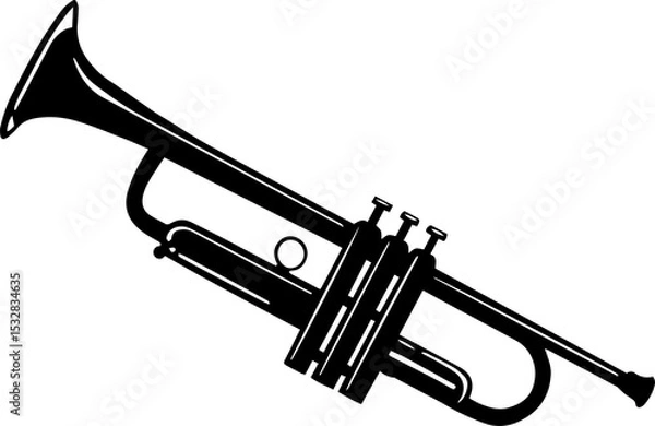 Obraz Trumpet is being shown in silhouette style pointing diagonally with valves, transparent background