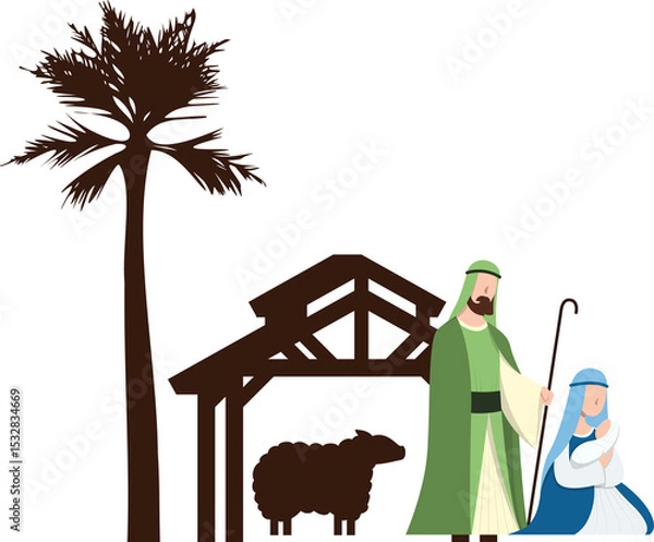 Obraz Flat nativity is showing wooden stable, staff, palm tree and sheep silhouettes on transparent bg