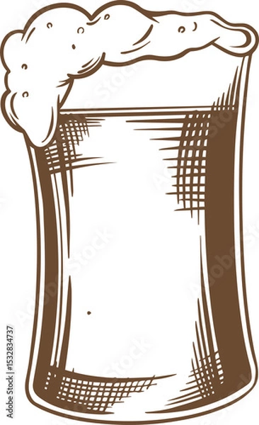 Fototapeta Beer glass brown line sketch is showing amber liquid with frothy foam head, transparent background