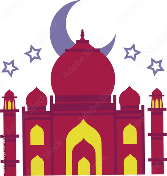 Fototapeta Vector-style mosque is showing red onion domes, minarets, crescent moon  and  stars, clear backgroun