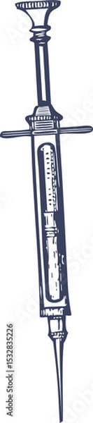Fototapeta Medical syringe sketch is showing plunger, barrel markings, flange and needle on transparent bg