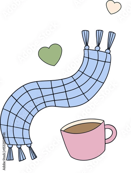 Fototapeta Flat-style design showing pink mug alongside blue scarf and floating hearts on transparent backdrop