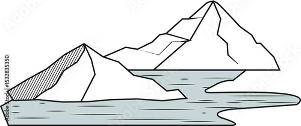 Fototapeta Hatched mountain peaks are reflecting on water in minimalist line art, transparent background