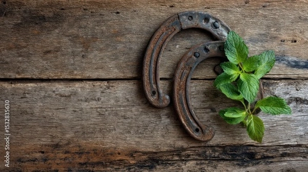 Fototapeta Rustic Charm: Two Rusty Horseshoes and Fresh Mint on Weathered Wood