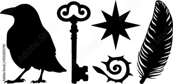 Fototapeta Gothic elements with crow silhouette, ancient key, feather, and star shapes for design