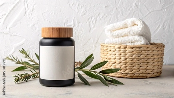 Fototapeta Minimalist Studio Shot of Matte Black Container with Towel and Leaves on Textured Background