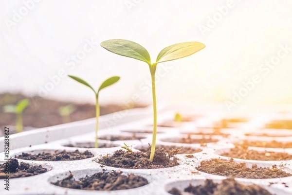 Fototapeta Young Plants in Soil, Greenhouse, Nature Photography, Bright Environment, Low Angle View, Life Cycle Concept
