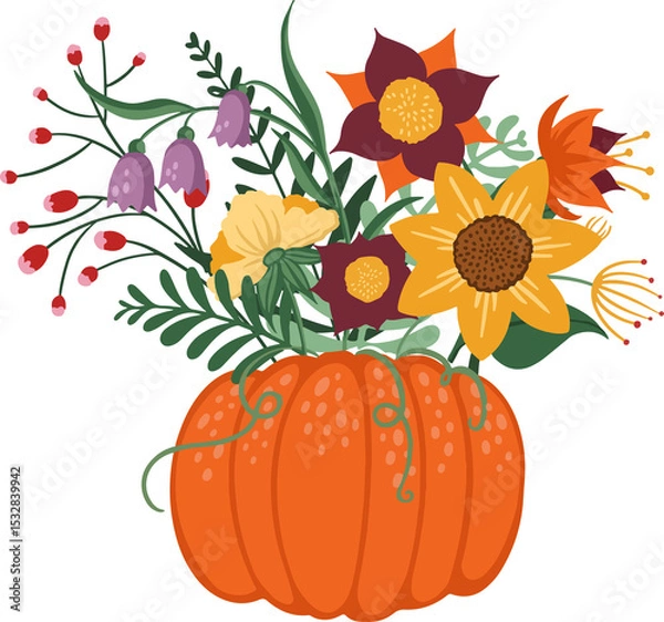 Fototapeta Autumn sunflower display is emerging from flat-style pumpkin on transparent background, copy space