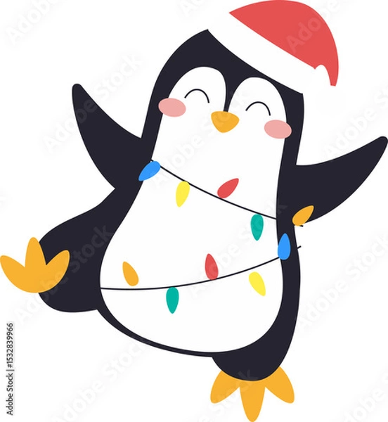 Fototapeta Festive penguin is standing in flat design on transparent background, wearing Santa hat and lights