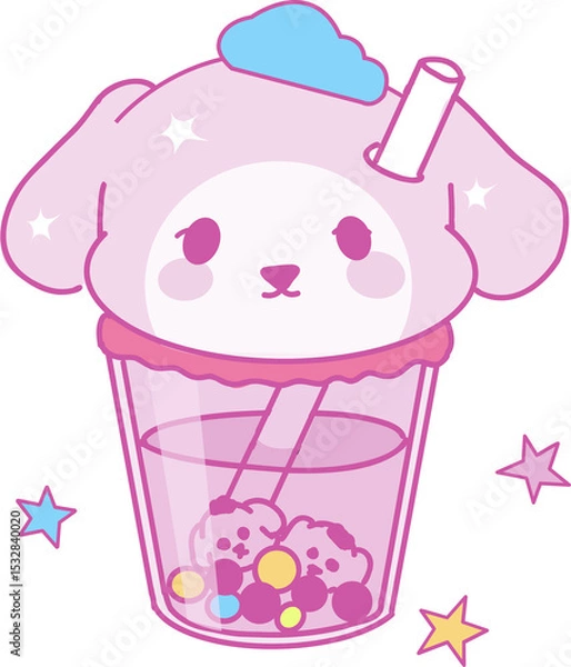 Obraz Stylized kawaii cup is featuring pastel pink boba with cartoon dog scoop on transparent background