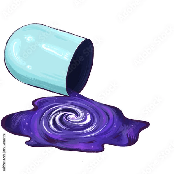 Obraz Flat blue bucket is spilling galaxy-like purple liquid swirl on transparent background, copy space