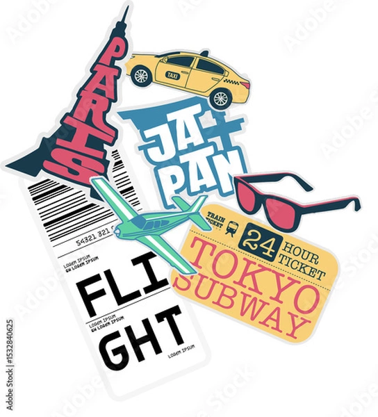 Obraz Displaying flat sticker collage with transparent background, featuring Eiffel Tower, boarding pass