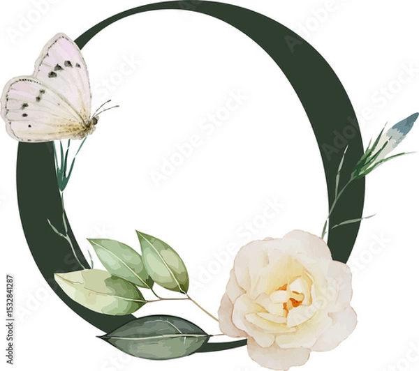 Fototapeta Flat design is showing green wreath with white rose, bud and butterfly on clear canvas