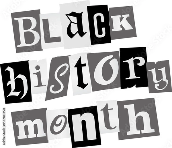Fototapeta Flat tile collage spelling Black history month is floating in grayscale on clear background
