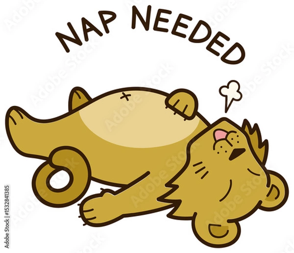 Fototapeta Flat cartoon lion is lying on back paws up sighing, NAP NEEDED text on transparent background