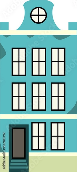 Obraz Showing flat design facade on transparent background, featuring circular window, door, teal steps