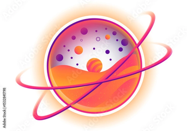Fototapeta Flat design ringed planet is orbiting with purple field spheres, dune and bands on clear backdrop