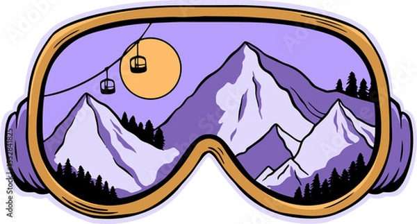 Obraz Flat design showing ski goggles reflecting peaks, pines and sun, gondolas on transparent background