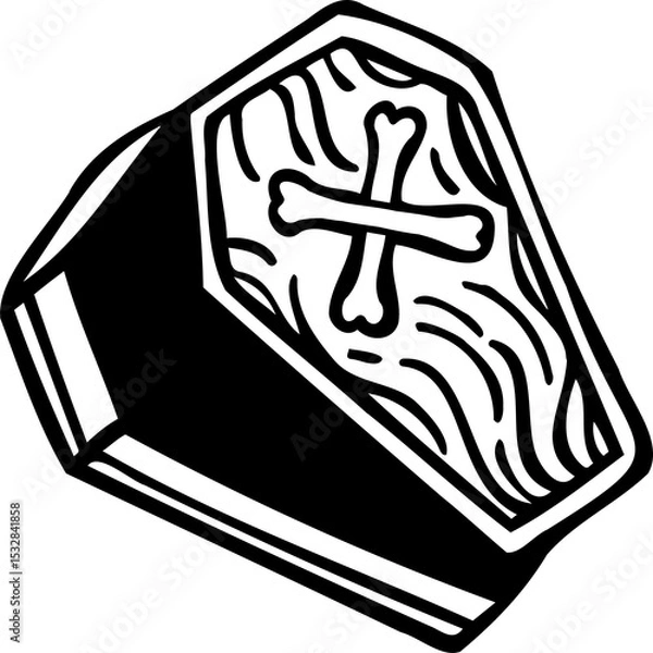Obraz Stylized coffin flat illustration is showing wood grain and bone cross, transparent background