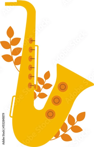 Obraz Yellow saxophone with orange keys and leaves is floating in flat vector, transparent background