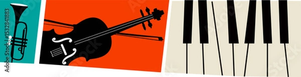 Fototapeta Flat design banner is showing trumpet icon, violin with bow, piano keys on transparent background