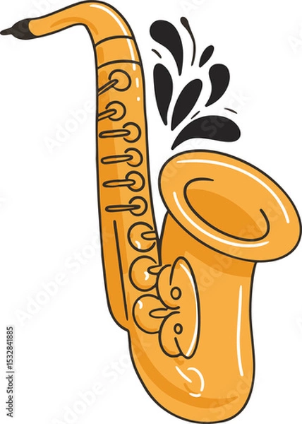 Fototapeta Cartoon saxophone is floating with white highlights and black musical notes, transparent background