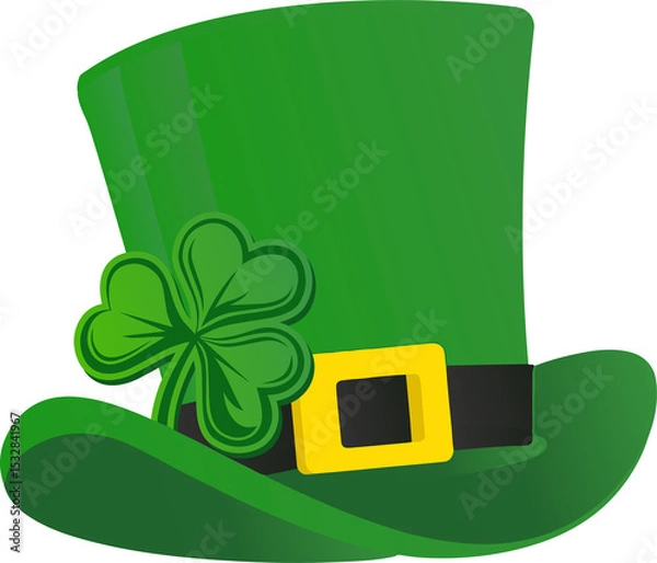 Obraz Leprechaun top hat is floating flat icon with black-band yellow-buckle shamrock on clear background