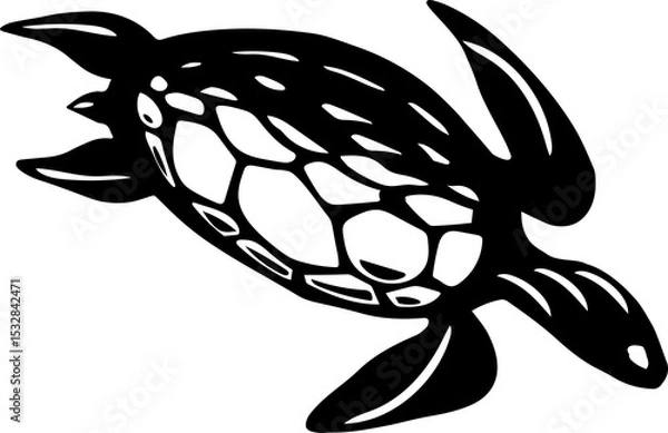 Obraz Stylized B and W sea turtle swimming on transparent background with geometric shell design, copy spa