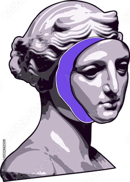 Obraz Grayscale marble bust is showing profile on transparent background, with purple crescent accent