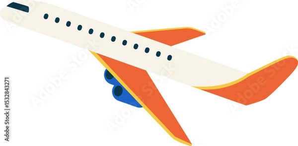 Obraz Flat vector illustration is showing jet with orange wings, blue engines, transparent background
